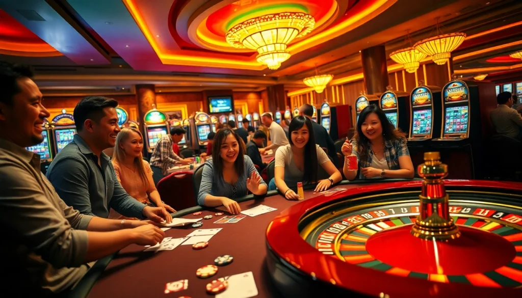 Experience thrilling casino action showcasing players at tables with link xem socolive displayed on digital screens.